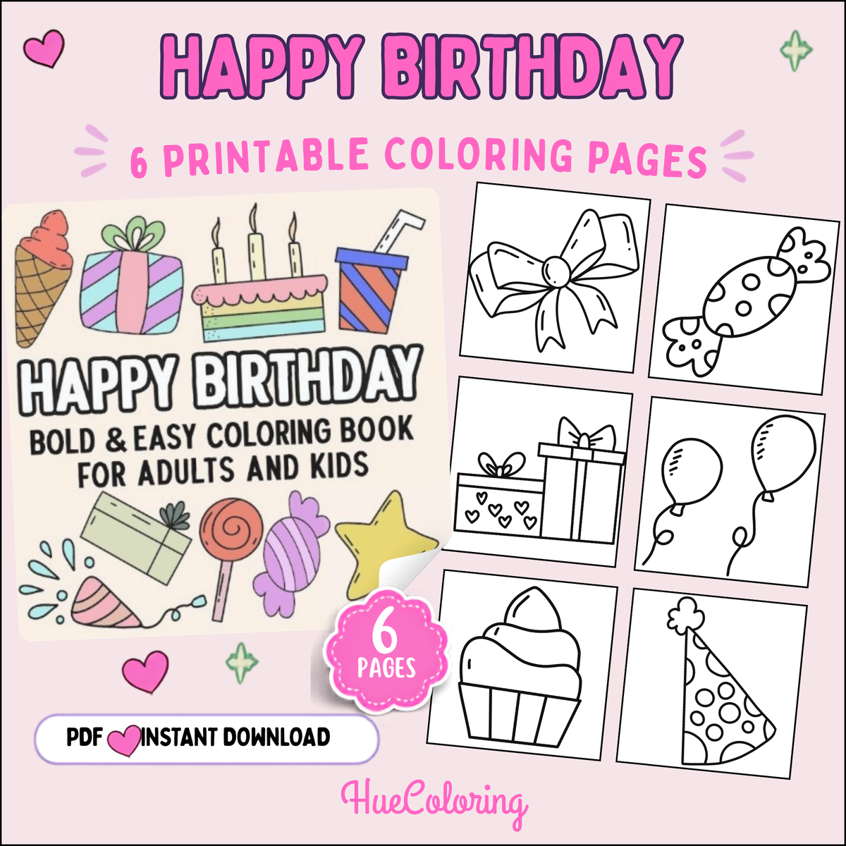 Happy Birthday 6 Downloadable Bold and Easy Coloring Pages