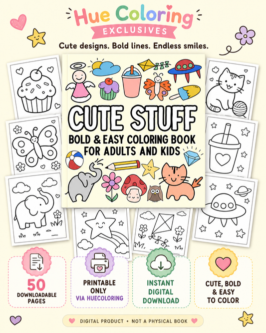 Digital Cute Stuff Bold and Easy Coloring Book 50 Printable Coloring Pages