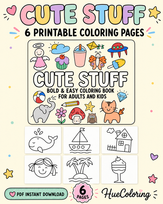 Cute Stuff Easy and Bold Coloring Pages (6 Printable Designs)